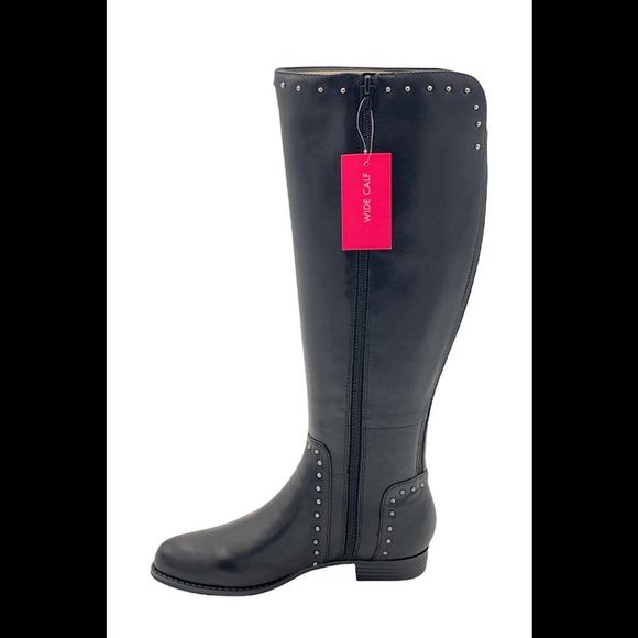 Isaac Mizrahi Live! Wide Calf Studded Leather Riding Boot Black - Medium - Picture 4 of 5